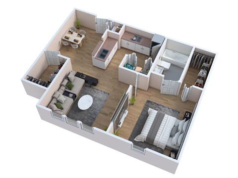 Floor plan for 1 bed, 1 bath, 679 sqft